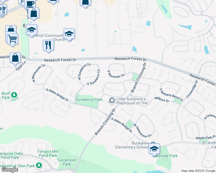 map of restaurants, bars, coffee shops, grocery stores, and more near 70 North Brooksedge Circle in Spring