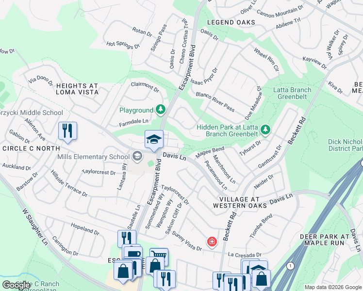 map of restaurants, bars, coffee shops, grocery stores, and more near 6113 Abilene Trail in Austin