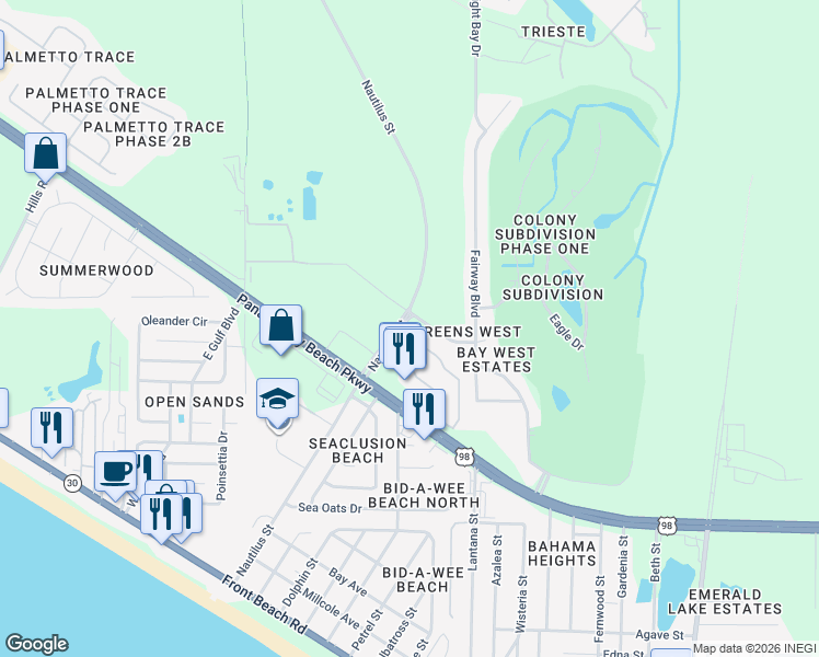 map of restaurants, bars, coffee shops, grocery stores, and more near 239 Fairway Boulevard in Panama City Beach
