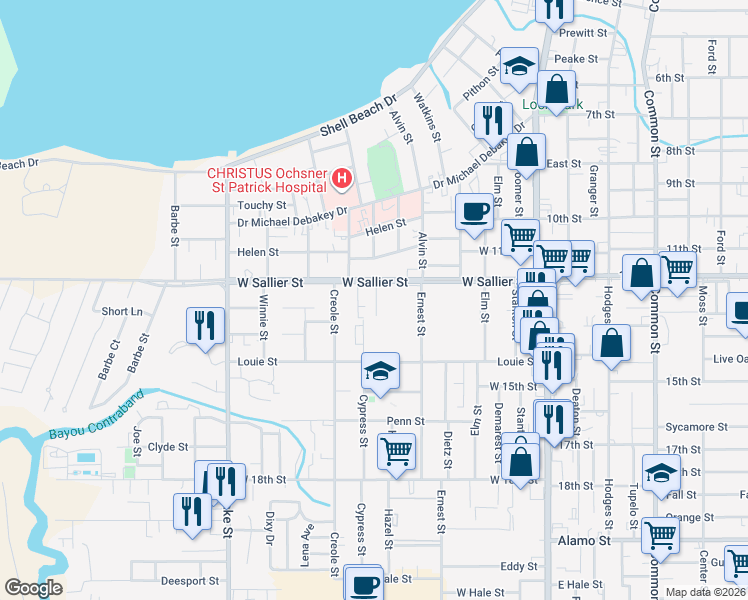 map of restaurants, bars, coffee shops, grocery stores, and more near 423 West Sallier Street in Lake Charles