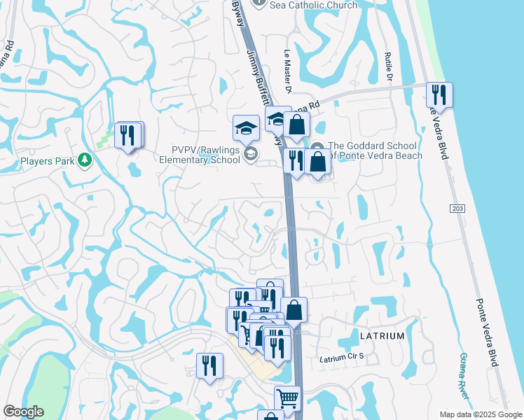 map of restaurants, bars, coffee shops, grocery stores, and more near 9 Arbor Club Drive in Ponte Vedra Beach
