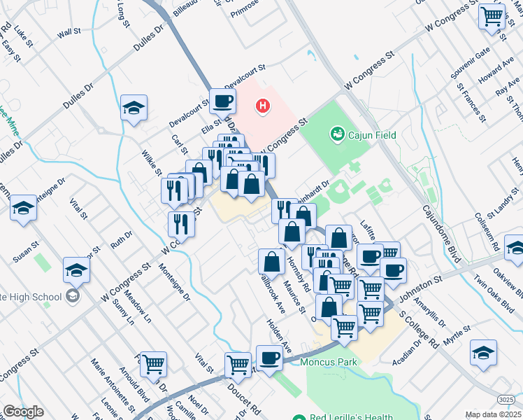 map of restaurants, bars, coffee shops, grocery stores, and more near 521 Bertrand Drive in Lafayette