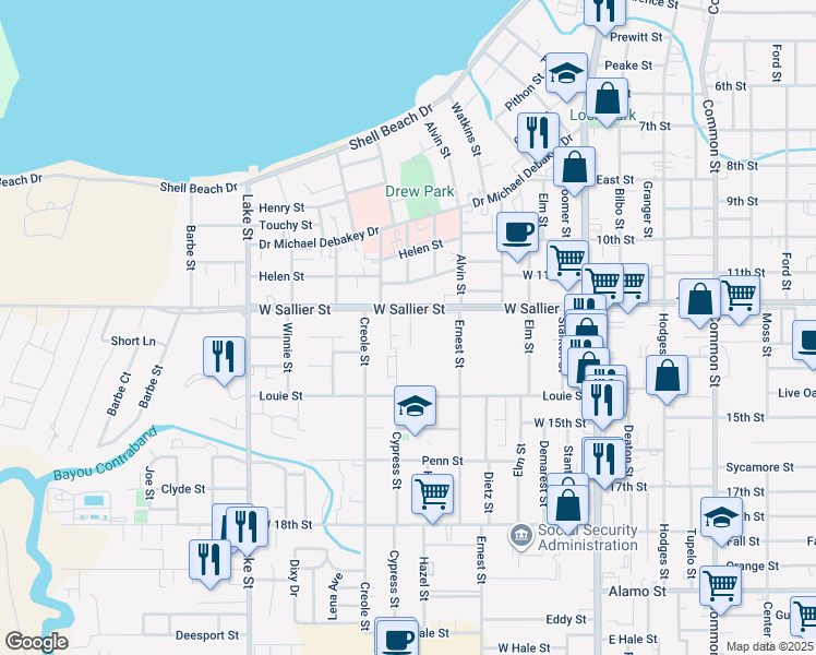 map of restaurants, bars, coffee shops, grocery stores, and more near 423 West Sallier Street in Lake Charles