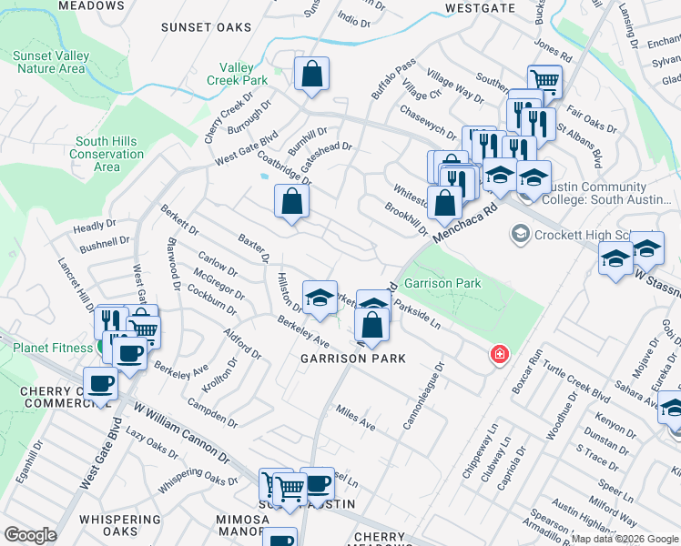 map of restaurants, bars, coffee shops, grocery stores, and more near 6113 Buffalo Pass in Austin