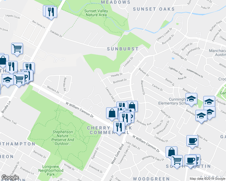 map of restaurants, bars, coffee shops, grocery stores, and more near 3001 Bushnell Drive in Austin