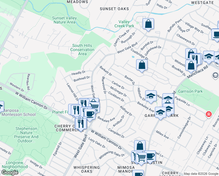 map of restaurants, bars, coffee shops, grocery stores, and more near 2611 Carlow Drive in Austin