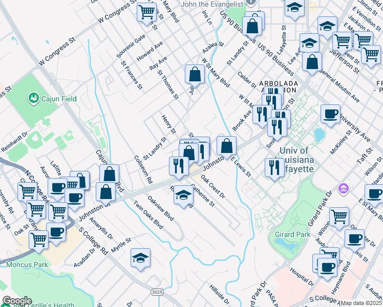 map of restaurants, bars, coffee shops, grocery stores, and more near 100 Saint Michael Street in Lafayette