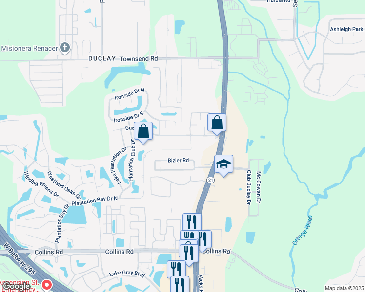map of restaurants, bars, coffee shops, grocery stores, and more near 6140 Duclay Road in Jacksonville