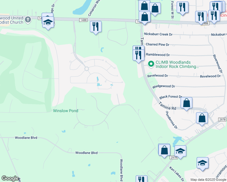 map of restaurants, bars, coffee shops, grocery stores, and more near 3812 Cimarron Gap Lane in Magnolia