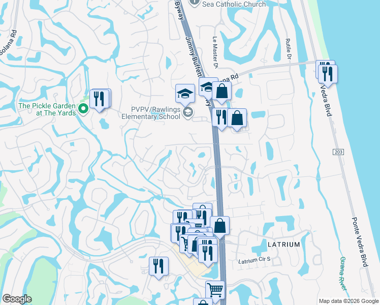 map of restaurants, bars, coffee shops, grocery stores, and more near 9 Arbor Club Drive in Ponte Vedra Beach