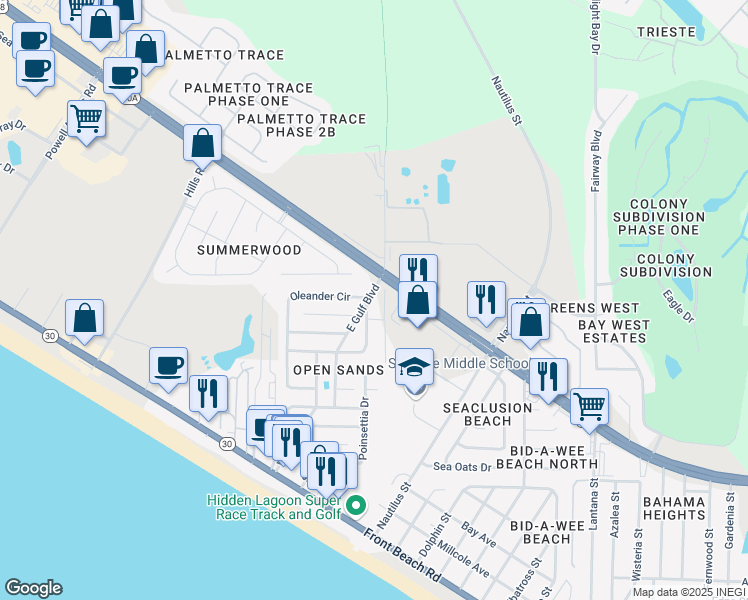 map of restaurants, bars, coffee shops, grocery stores, and more near 101 East Gulf Boulevard in Panama City Beach