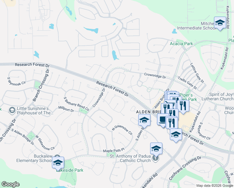 map of restaurants, bars, coffee shops, grocery stores, and more near 170 South Walden Elms Circle in Spring