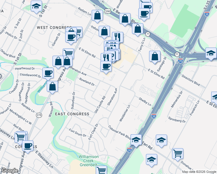 map of restaurants, bars, coffee shops, grocery stores, and more near 508 Sheraton Avenue in Austin