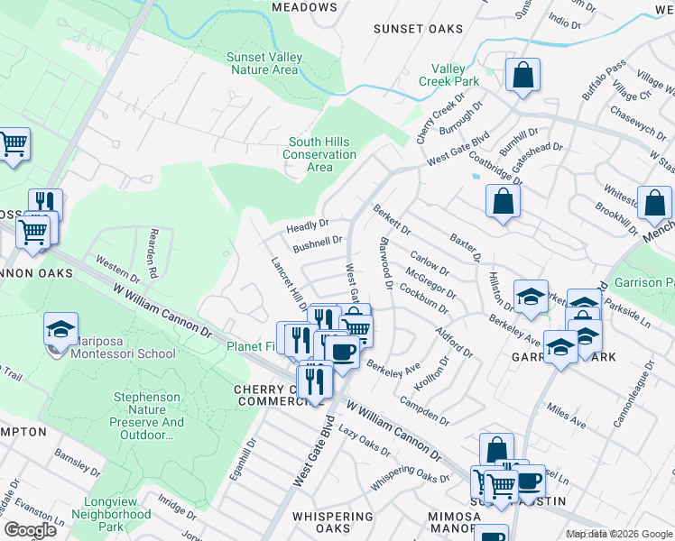 map of restaurants, bars, coffee shops, grocery stores, and more near in Austin