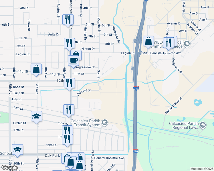 map of restaurants, bars, coffee shops, grocery stores, and more near 2001 Russell Street in Lake Charles
