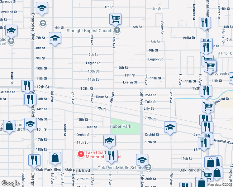 map of restaurants, bars, coffee shops, grocery stores, and more near 2003 Rose Street in Lake Charles