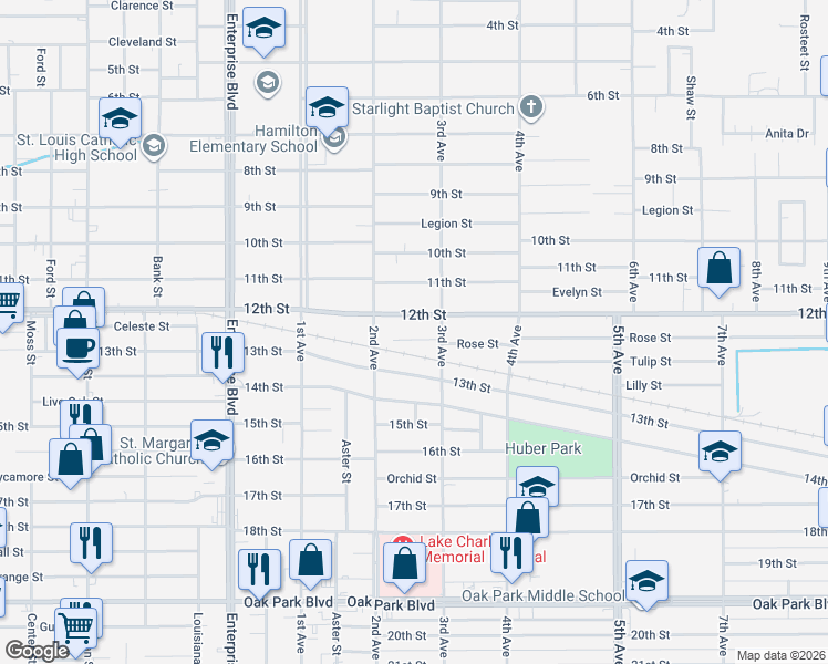 map of restaurants, bars, coffee shops, grocery stores, and more near 1720-1798 12th Street in Lake Charles