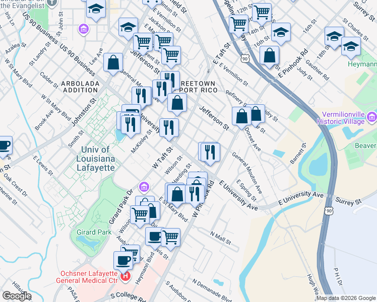 map of restaurants, bars, coffee shops, grocery stores, and more near 800 Stevenson Street in Lafayette