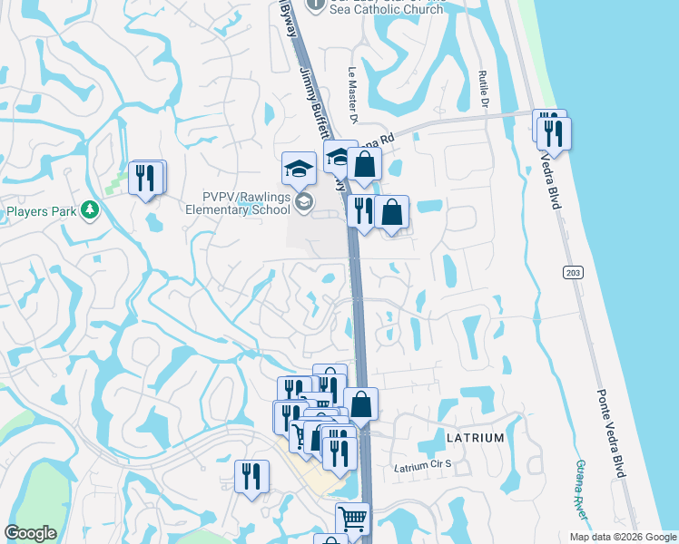 map of restaurants, bars, coffee shops, grocery stores, and more near 7 Arbor Club Drive in Ponte Vedra Beach