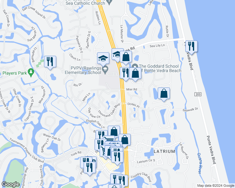 map of restaurants, bars, coffee shops, grocery stores, and more near 7 Arbor Club Drive in Ponte Vedra Beach