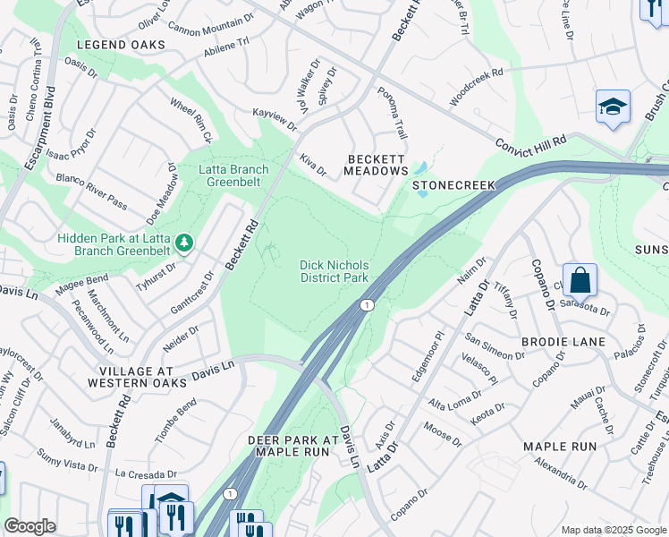 map of restaurants, bars, coffee shops, grocery stores, and more near 8011 Beckett Road in Austin