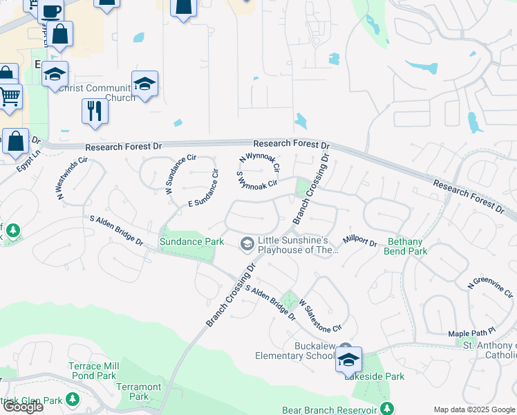 map of restaurants, bars, coffee shops, grocery stores, and more near 70 North Brooksedge Circle in Spring