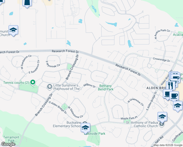 map of restaurants, bars, coffee shops, grocery stores, and more near 78 South Bethany Bend Circle in Spring