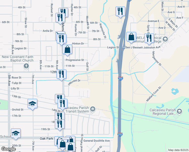 map of restaurants, bars, coffee shops, grocery stores, and more near 2001 Russell Street in Lake Charles