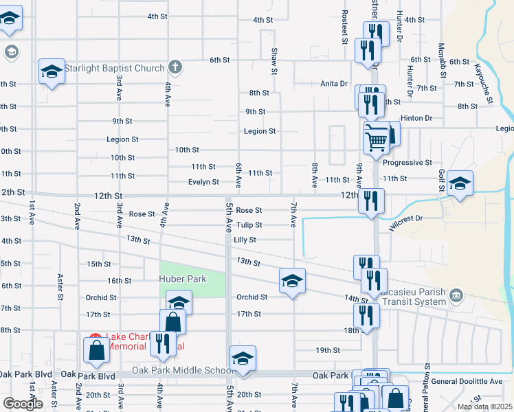 map of restaurants, bars, coffee shops, grocery stores, and more near 2218 12th Street in Lake Charles
