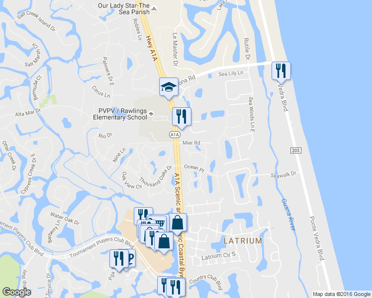 map of restaurants, bars, coffee shops, grocery stores, and more near 637 A1A North in Ponte Vedra Beach