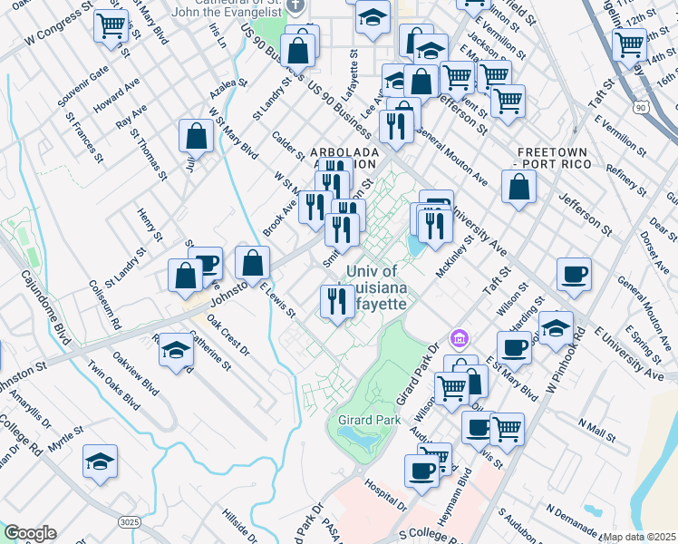 map of restaurants, bars, coffee shops, grocery stores, and more near 130 Smith Street in Lafayette