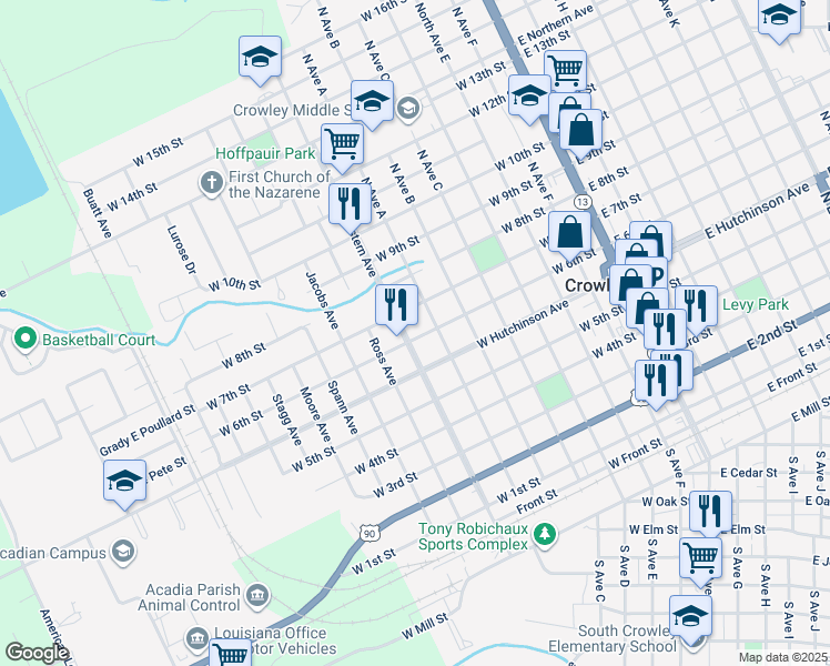 map of restaurants, bars, coffee shops, grocery stores, and more near 622 North Western Avenue in Crowley