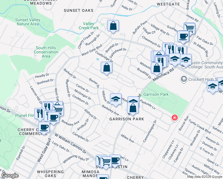 map of restaurants, bars, coffee shops, grocery stores, and more near 6201 Hillston Drive in Austin