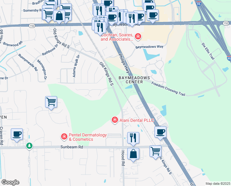 map of restaurants, bars, coffee shops, grocery stores, and more near 9274 Old Kings Road South in Jacksonville