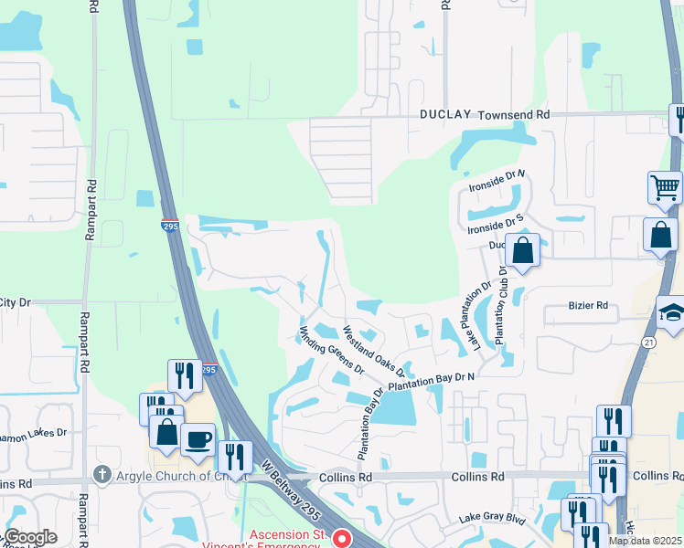 map of restaurants, bars, coffee shops, grocery stores, and more near 7400 Westland Oaks Drive in Jacksonville