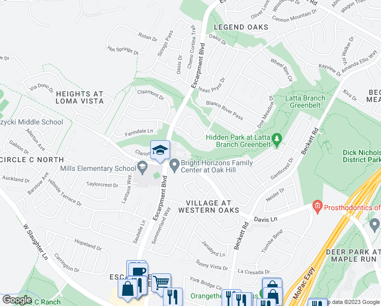 map of restaurants, bars, coffee shops, grocery stores, and more near 8701 Escarpment Boulevard in Austin