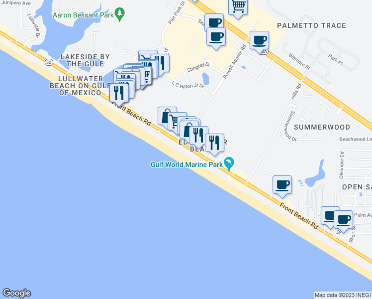 map of restaurants, bars, coffee shops, grocery stores, and more near 15727 Front Beach Road in Panama City Beach