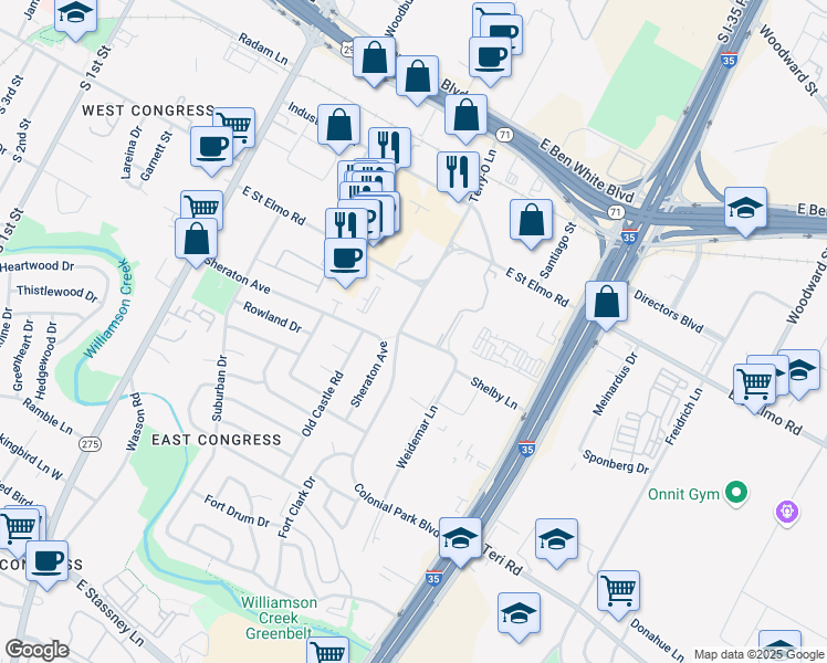 map of restaurants, bars, coffee shops, grocery stores, and more near 4503 Terry-O Lane in Austin