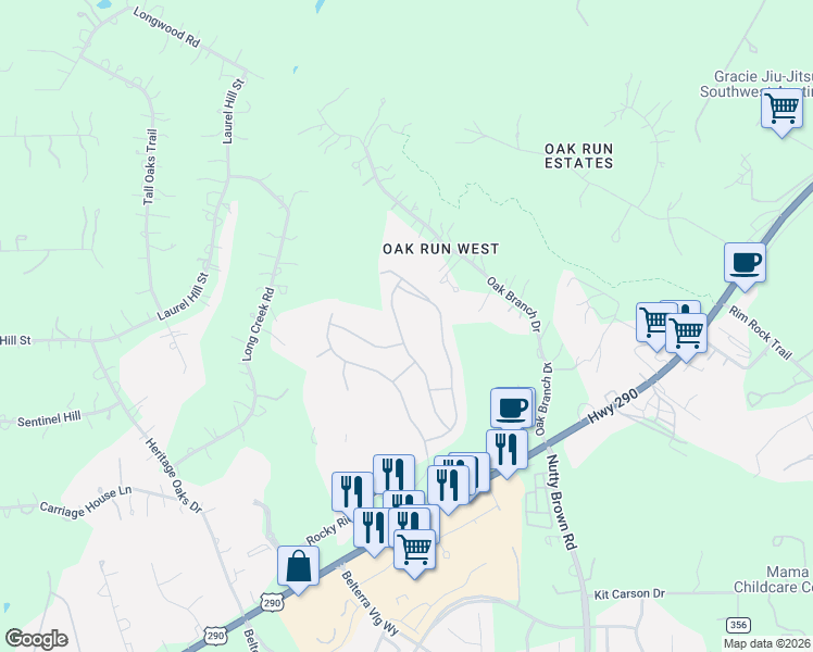 map of restaurants, bars, coffee shops, grocery stores, and more near 521 Stone View Trail in Austin