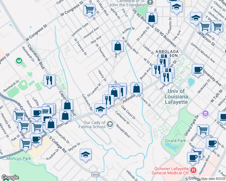 map of restaurants, bars, coffee shops, grocery stores, and more near 210 Saint George Street in Lafayette
