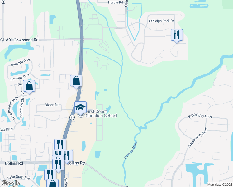 map of restaurants, bars, coffee shops, grocery stores, and more near 5811 Robitzsch Lane in Jacksonville