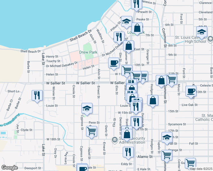 map of restaurants, bars, coffee shops, grocery stores, and more near 226 West Sallier Street in Lake Charles