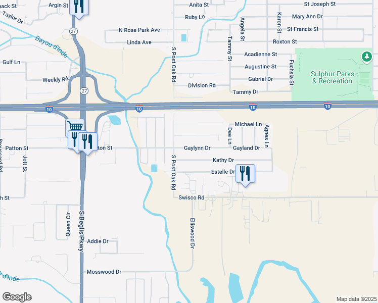 map of restaurants, bars, coffee shops, grocery stores, and more near 2127 Gaylynn Dr in Sulphur