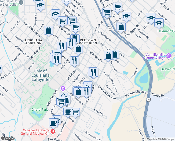 map of restaurants, bars, coffee shops, grocery stores, and more near 800 Stevenson Street in Lafayette