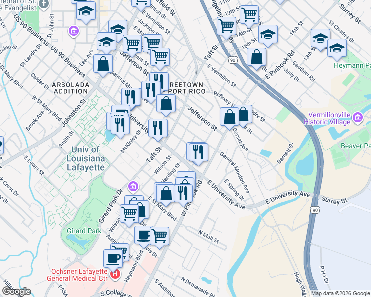 map of restaurants, bars, coffee shops, grocery stores, and more near 800 Stevenson Street in Lafayette