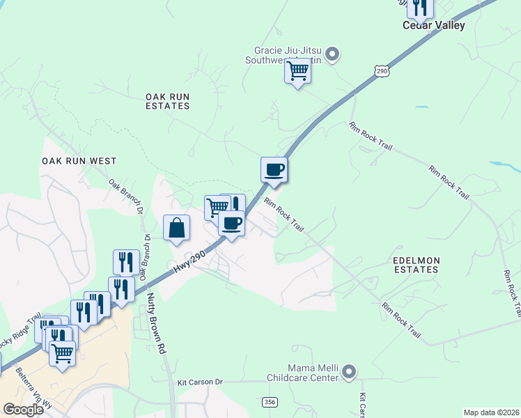 map of restaurants, bars, coffee shops, grocery stores, and more near 11815 Rim Rock Trail in Austin