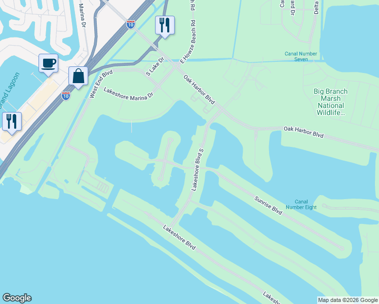 map of restaurants, bars, coffee shops, grocery stores, and more near 2081 Lakeshore Boulevard South in Slidell