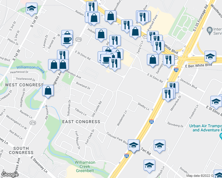 map of restaurants, bars, coffee shops, grocery stores, and more near 602 Sheraton Avenue in Austin