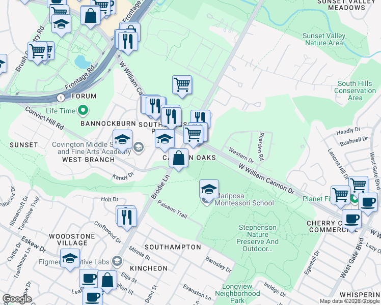 map of restaurants, bars, coffee shops, grocery stores, and more near in Austin