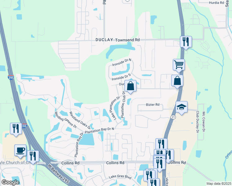 map of restaurants, bars, coffee shops, grocery stores, and more near 7444 Lake Plantation Lane in Jacksonville
